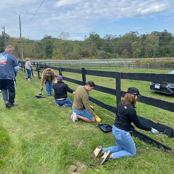 Corporate volunteers painting fence